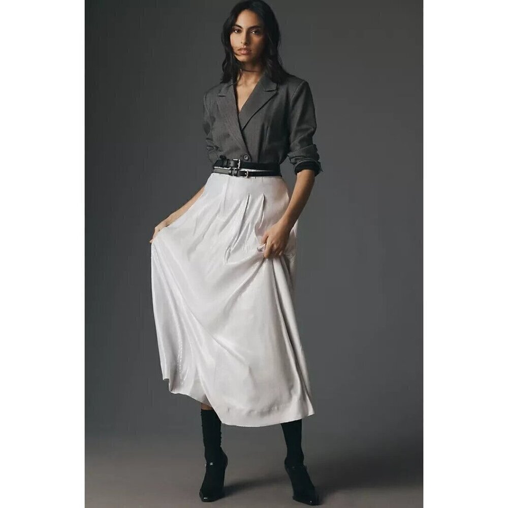 NWT Anthropologie Avery Pleated Maxi Skirt Sequin 20W Silver Party Cockail